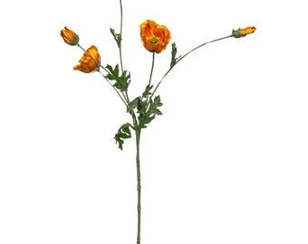 Light Yellow Orange Lifelike Mini Poppy Blooms & Buds Faux Floral Wired Stem