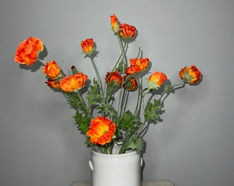 Dark Orange Lifelike Mini Poppy Blooms & Buds Faux Floral Wired Stem