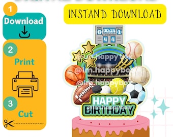 Adorno para tarta de todos los deportes, adorno para tarta de deportes digitales, adorno para tarta con temática deportiva, adorno para tarta de fútbol, adorno para tarta con temática deportiva, imprimible, png