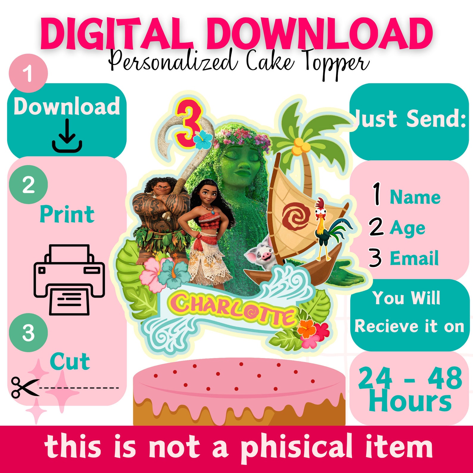 Moana Digital Cake Topper, Printable Moana Cake Topper, Moana Birthday, Moana Topper, Moana Cake ...