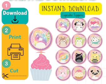 squishmallows cupcake toppers, squishmallows digital cupcake toppers, squishmallows printable cake topper, squishmallows, cute squishmallows