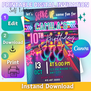 bowling arcade party invite, bowling arcade, bowling invitation, arcade printable invite, bowling birthday, bowling party, arcade invite