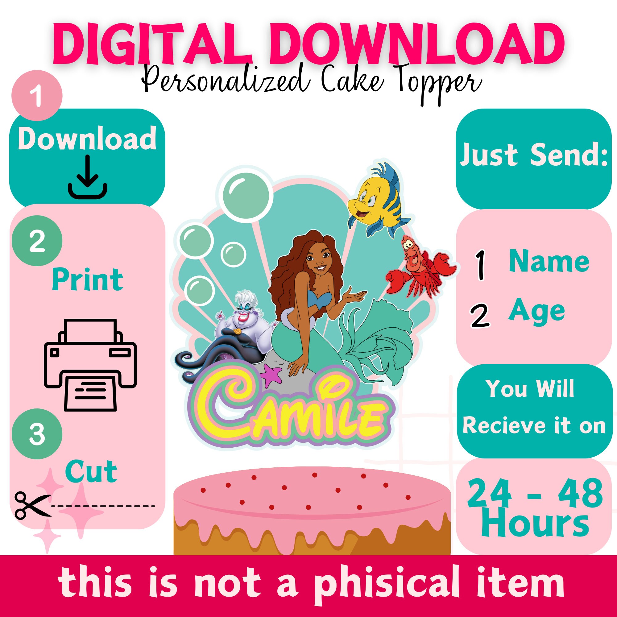 Little Mermaid Cake Topper, Printable Mermaid Cake Topper, the Little ...