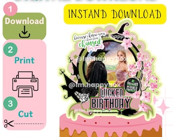 Adorno para pastel de Wicked, musical de teatro El Mago de Oz, cumpleaños de Wicked, fiesta de Wicked, pastel de Wicked, png de Wicked, imprimible de Wicked