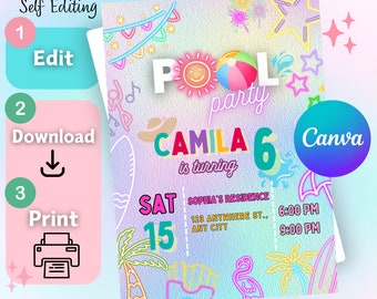 Puede incluir: Una invitación digital para una fiesta en la piscina con un esquema de color neón rosa, azul y amarillo. La invitación dice "Pool Party" con un sol y una pelota de playa. También dice "Camila cumple 6 años" e incluye la fecha y la hora de la fiesta. La invitación está diseñada para ser editada e impresa.