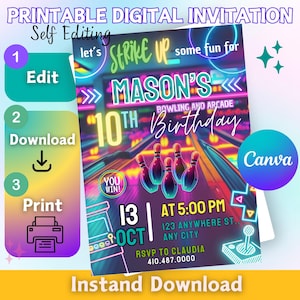 bowling arcade party invite, bowling arcade, bowling invitation, arcade printable invite, bowling birthday, bowling party, arcade invite