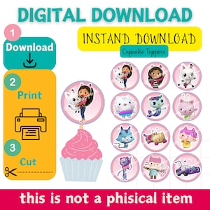 Plantilla de toppers de cupcake Gabby, topper de pastel Gabby, topper de cupcake imprimible Gabby, topper de pastel imprimible, archivo digital PNG, casa de muñecas Gabbys