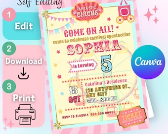 May include: Printable digital invitation for a child's birthday party with a circus theme. The invitation features a colorful design with a Ferris wheel, a ticket, and the text "Fantastic Circus". The invitation is customizable with the child's name, age, and party details.
