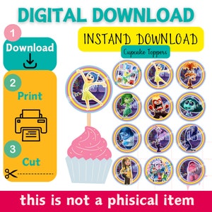 inside out cupcake topper, inside out, cake topper cut out, intensamente 2 cake topper, cake topper printable, inside out 2, digital topper