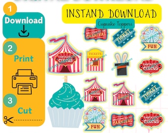circus digital cupcake topper, circus tent cupcake topper, carnival cake decorations, circus theme cupcake topper, cupcake toppers png