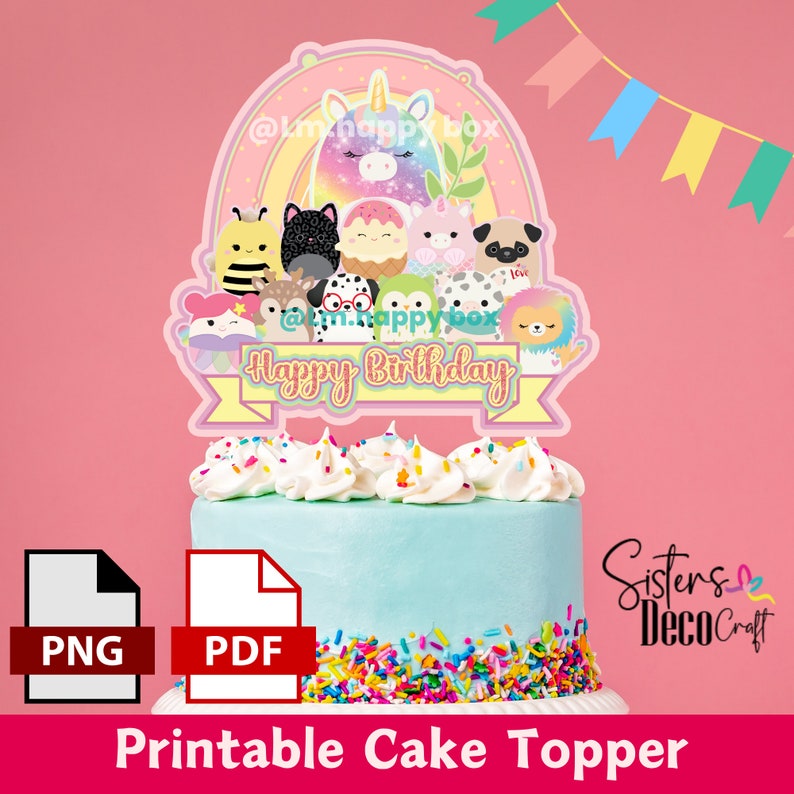 Peut inclure: Topper de g&acirc;teau imprimable avec un arc-en-ciel, une licorne et un groupe de personnages d'animaux mignons. Le topper dit "Joyeux anniversaire" sur une banni&egrave;re jaune.