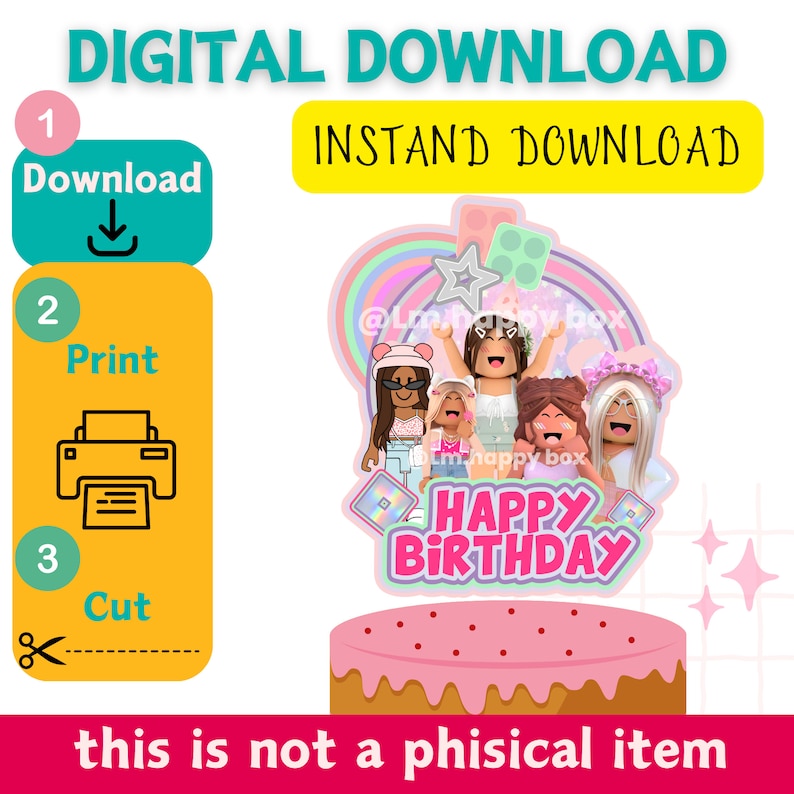 Op de afbeelding: Printbare digitale download van een roze en witte taarttopper met een groep cartoonmeisjes met de tekst "Happy Birthday".