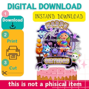 Puede incluir: Un diseño de adorno para pastel de descarga digital con el texto "HAPPY BIRTHAY". El diseño presenta personajes de dibujos animados, murciélagos y un pastel rosa. Se incluyen instrucciones para descargar, imprimir y cortar.