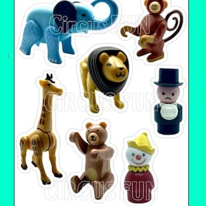 Vintage Fisher Price Little People Waterproof Glossy Vinyl Stickers Circus Fun Animals and Ringmaster