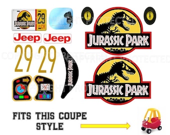 Replacement Decals Fit Little Tikes Cozy Coupe Car JURASSIC PARK DINOSAUR Ride On Toy High Gloss Peel & Stick