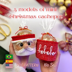 Cache-pot de Noël au crochet, Père Noël, bonhomme de neige, renne (Patron PDF)