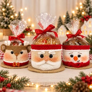 Schema per cestino natalizio all'uncinetto, cestino a forma di Babbo Natale, pupazzo di neve e renna, ciotola per caramelle natalizie, regalo di Natale personalizzato, Amigurumi PDF