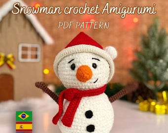 May include: A crocheted snowman Amigurumi with a red hat, scarf, and carrot nose. The snowman has black button eyes and twig arms. The image includes the text "Snowman crochet Amigurumi PDF PATTERN".