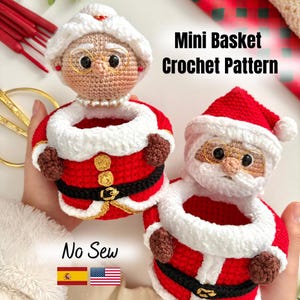 May include: Two crochet baskets shaped like Mrs. Claus and Santa Claus. The Mrs. Claus basket features a white hair bun, gold wire glasses, and a pearl necklace. The Santa basket has a red hat and white beard. Text reads Mini Basket Crochet Pattern No Sew.
