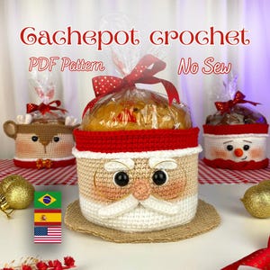 May include: Crocheted Santa Claus, reindeer, and snowman-themed gift containers. The Santa container has a white beard, rosy cheeks, and black eyes. The reindeer has brown fur and a red bow tie. The snowman has a carrot nose and a red scarf.