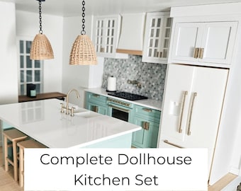 Full Dollhouse Kitchen, 1:12 Scale, Miniature Kitchen Furniture Set, Unpainted Dollhouse Kitchen, Mini Fridge Cabinets Island Full Kitchen
