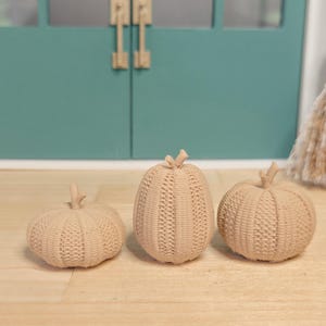 Könnte beinhalten: Drei Miniatur-Kürbisse in hellem Beige, jeder mit einer strukturierten, gestrickt wirkenden Oberfläche und einem kleinen, aufrechten Stiel. Die Kürbisse variieren in ihrer Form, wobei einer breiter und flacher ist, während die anderen zwei runder sind.