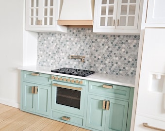 Onderkasten poppenhuiskeuken (ongeverfd) met kasten en lades die open kunnen, mini-oven, miniatuurvoedsel, schaal 1:12, minikeuken