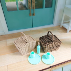 Dollhouse Miniature Picnic Basket, Dollhouse Basket, Mini Picnic Basket Set, Dollhouse Accessories, Mini Basket, Mini Decor, 1:12 Scale