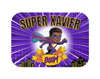 Personalized Superhero Bath Mat, African American Boy Bathroom Decor