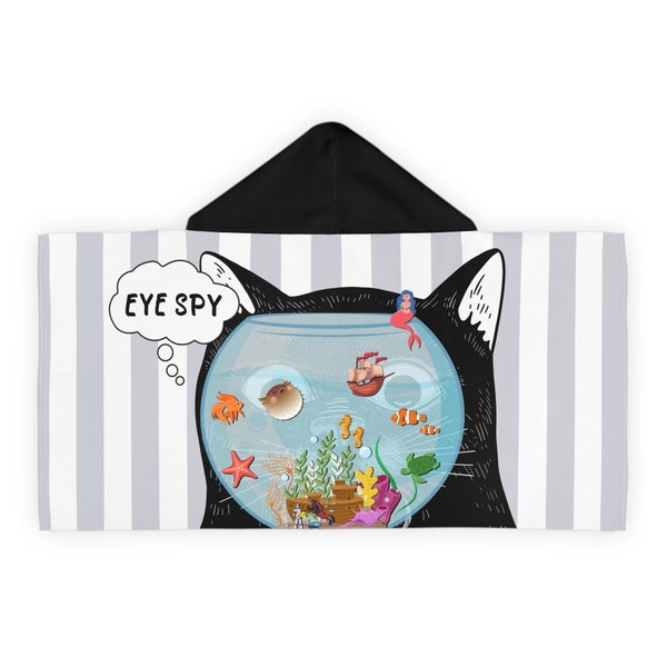 Eye Spy Children Search & Find Youth Hooded Towel, Game Gift for Boys/Girls, Unique Bath-time, Underwater Treasure, Cat with Fishbowl Play