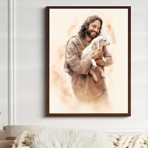 Jesus cuddling Lamb wall art | Lamb in Jesus Arms picture | Good Shepard and his Lamb printable | Jesus protecting sheep | digital download