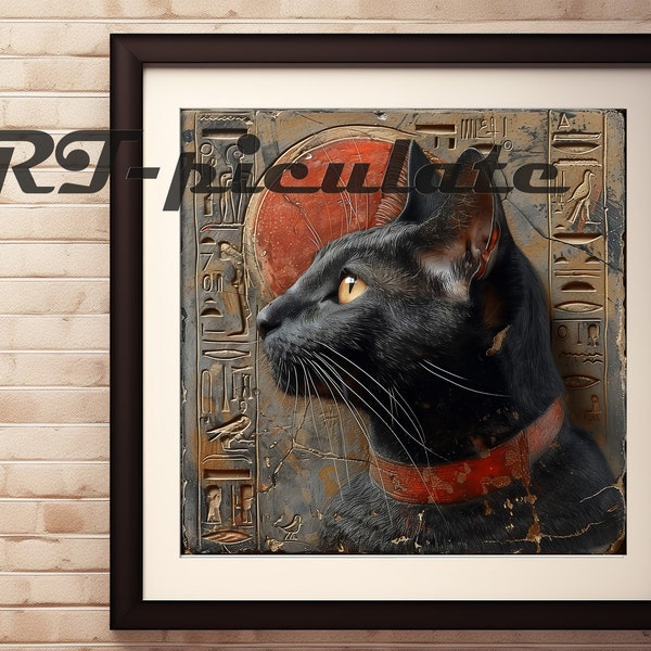 Egyptian Black Cat Digital Art | Bastet War Goddess Instant Download  |  Ancient Egyptian Deities Wall Art | 1:1 Portrait -5 inch to 4 ft