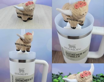 Highland Cow Stanley Straw Topper