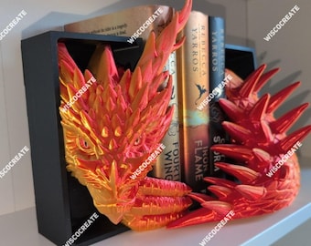 Inferno Dragon Bookends | Fiery Fantasy Shelf Decor | 3D Printed Dragon Head & Tail | BookTok Shelf Must Have