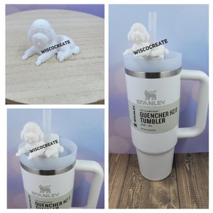 May include: White Stanley 30 oz Quencher H2.0 Tumbler with a white poodle-shaped lid and a straw. The tumbler is made of stainless steel and has a white powder coat finish. The lid has a silicone seal to prevent leaks.