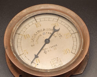 Vintage Brass Pressure Gauge, E. Leonardo & Sons LTD, 0110.254361, Industrial Decor Steampunk Gauge, Antique Instrument Home Decor