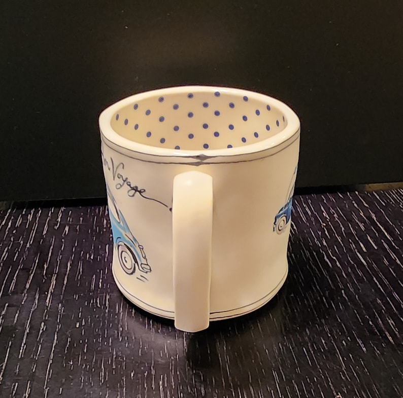 Vintage Anthropologie Sketchbook "Bon Voyage" Mug, Car Sketch with Blue Polka Dots, Stoneware, Ceramic Cup, Travel Bug, Cottage core Bild 9