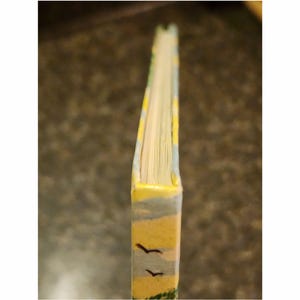 Puede incluir: El lomo de un libro amarillo y azul con un dise&ntilde;o de p&aacute;jaros volando en el cielo. El libro est&aacute; cerrado.