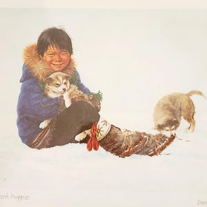 Inuit Artwork Print, Dorothy Francis Print, Inuit Boy with Puppies, Original Inuit Artwork, Vintage Inuit Artwork