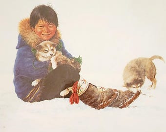 Lámina artística inuit, lámina de Dorothy Francis, niño inuit con cachorros, obra de arte inuit original, obra de arte inuit vintage
