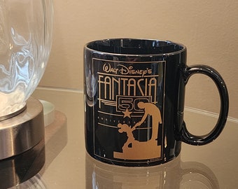 Walt Disney FANTASIA 50th ANNIVERSARY Coffee Mug - 1940-1990 Mickey Mouse Gold Print 12 oz Mug