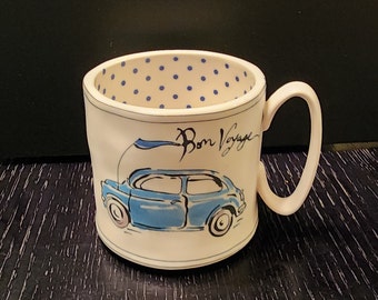Vintage Anthropologie Sketchbook "Bon Voyage" Mug, Car Sketch with Blue Polka Dots, Stoneware, Ceramic Cup, Travel Bug, Cottage core