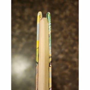 Puede incluir: Primer plano del lomo de un libro de tapa dura con una cubierta estampada en amarillo, verde y blanco.