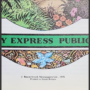 Puede incluir: Una pancarta verde y negra con el texto "Daily Express Public" impreso en blanco. La pancarta est&aacute; rodeada de una ilustraci&oacute;n colorida de flores y hojas.