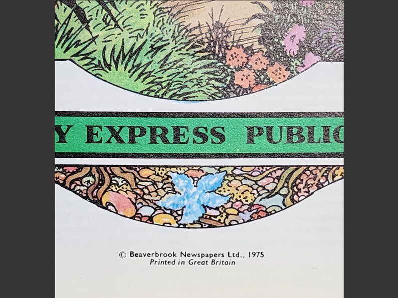 Puede incluir: Una pancarta verde y negra con el texto "Daily Express Public" impreso en blanco. La pancarta est&aacute; rodeada de una ilustraci&oacute;n colorida de flores y hojas.
