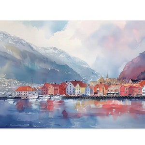 Bergen Norway Watercolor Poster Print Norway Art Coastal Prints Seascape Painting Landscape Print Norwegian Art Bryggen Coastal Room Decor