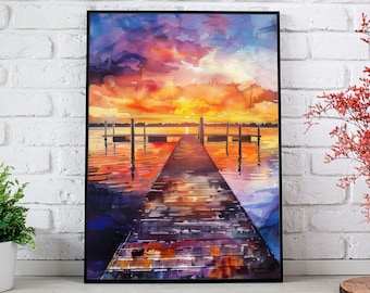 Sunset Lake Painting Lake Sunset Wall Art Watercolor Lake Art Minnesota Lakes Home Decor Wall Art Lake House Decor MN Cabin Decor Gift Scene