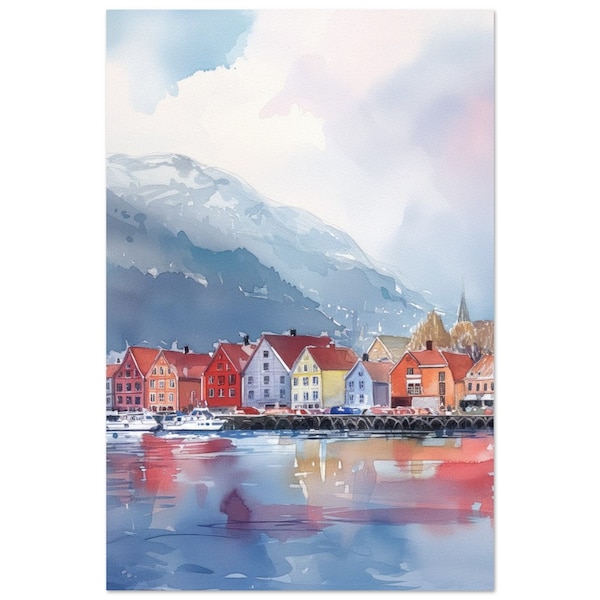 Bergen Watercolor Print Norway Art Norwegian Landscape Painting Coastal Prints Bryggen Seascape Wall Art Home Decor