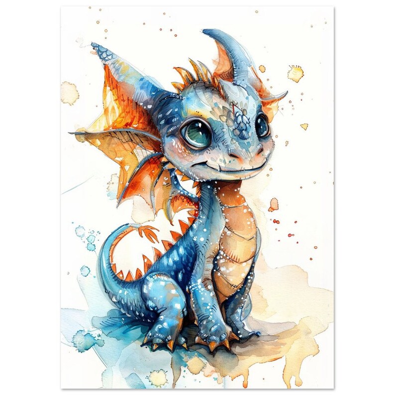 Watercolor Blue Baby Dragon Nursery Art Colorful Dragon Print Animal ...