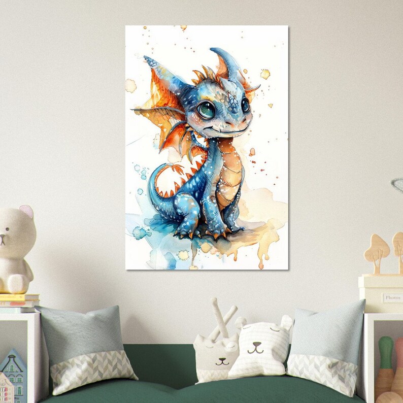 Watercolor Blue Baby Dragon Nursery Art Colorful Dragon Print Animal ...
